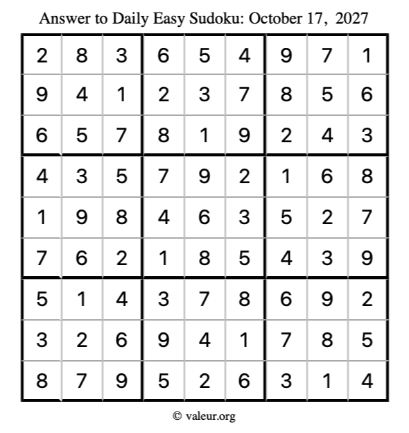 Answer to easy sudoku October 17, 2027