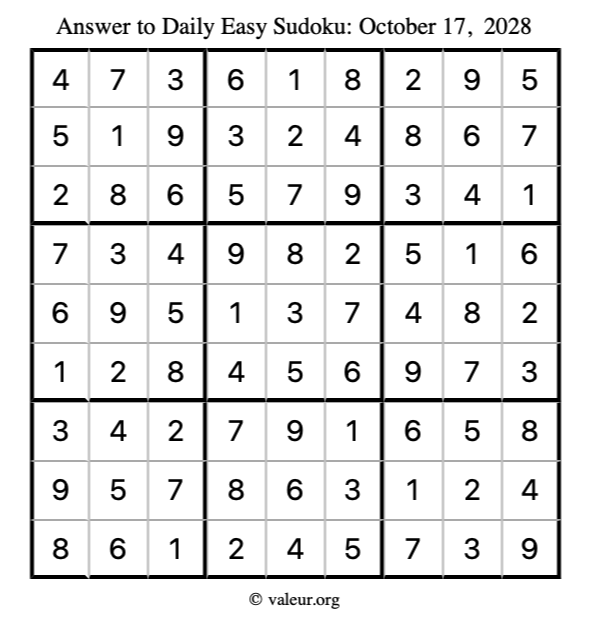 Answer to easy sudoku October 17, 2028