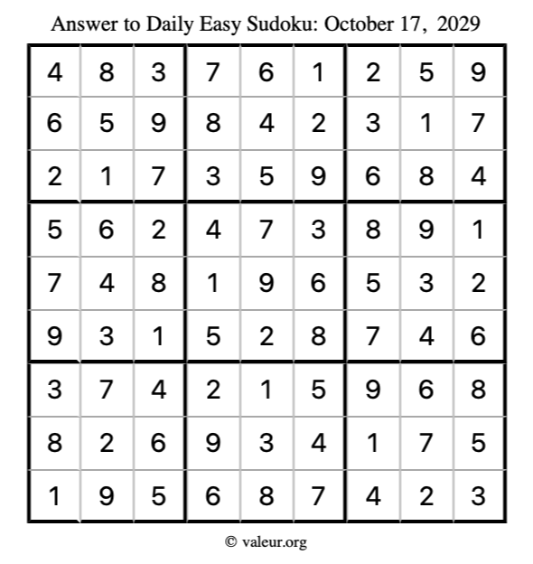 Answer to easy sudoku October 17, 2029