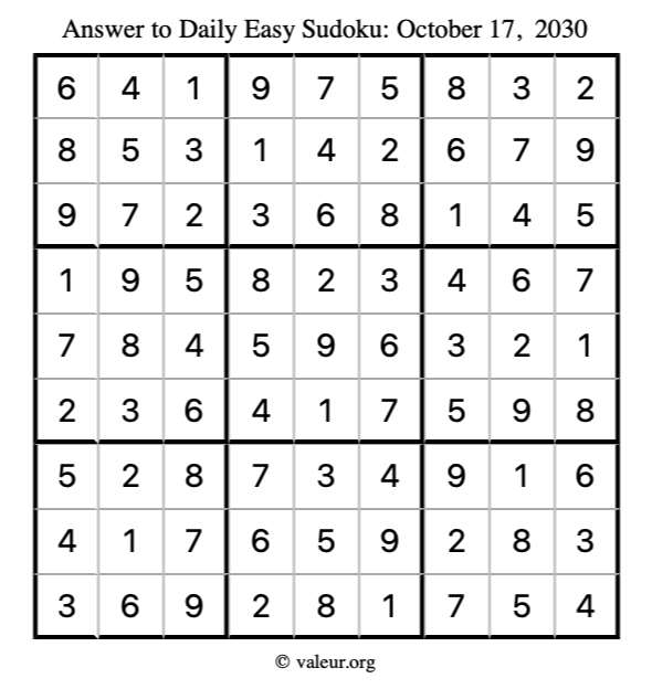 Answer to easy sudoku October 17, 2030