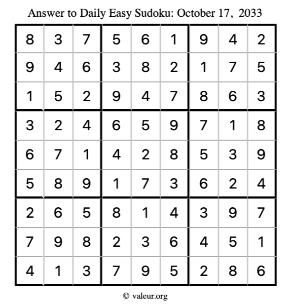 Answer to easy sudoku October 17, 2033