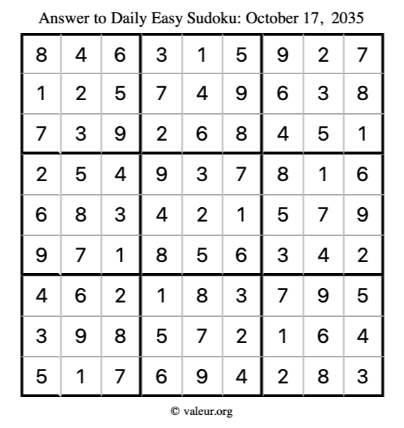 Answer to easy sudoku October 17, 2035