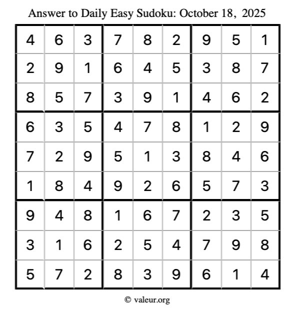 Answer to easy sudoku October 18, 2025