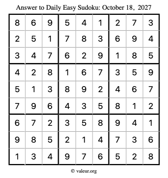 Answer to easy sudoku October 18, 2027