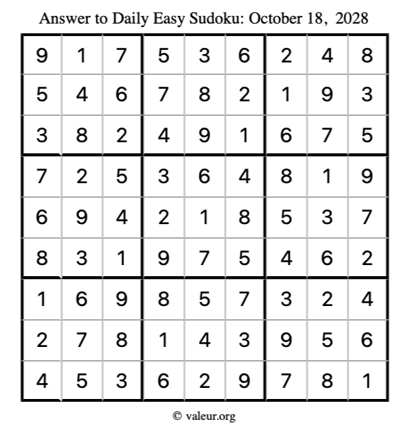 Answer to easy sudoku October 18, 2028