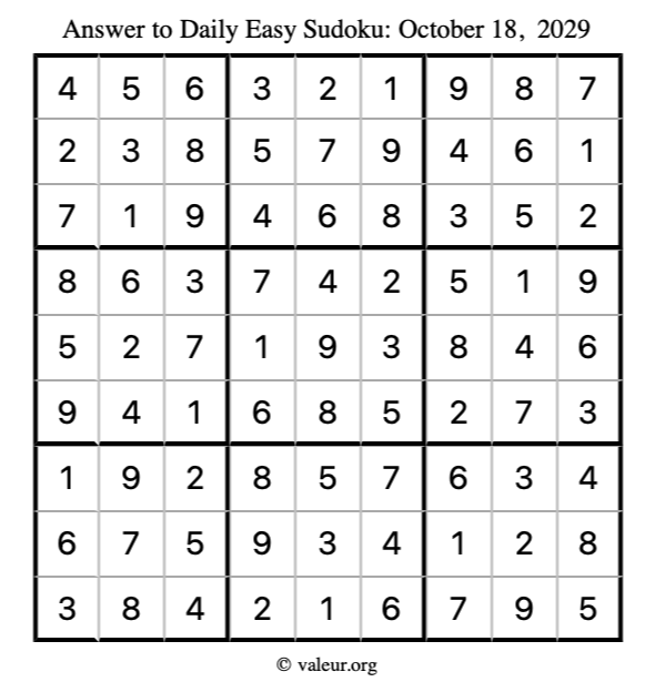 Answer to easy sudoku October 18, 2029