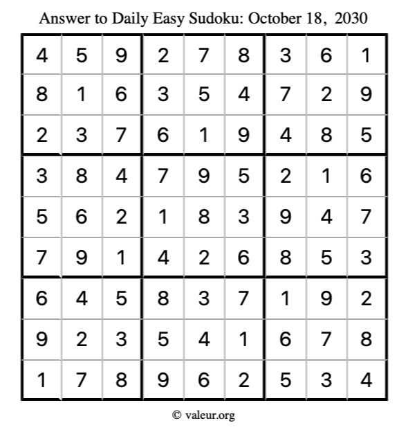 Answer to easy sudoku October 18, 2030