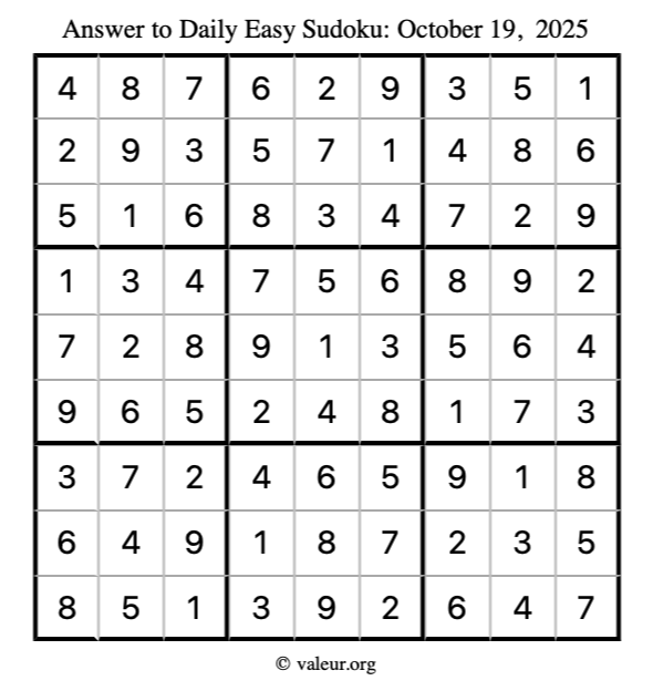 Answer to easy sudoku October 19, 2025