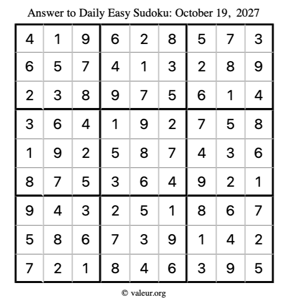 Answer to easy sudoku October 19, 2027