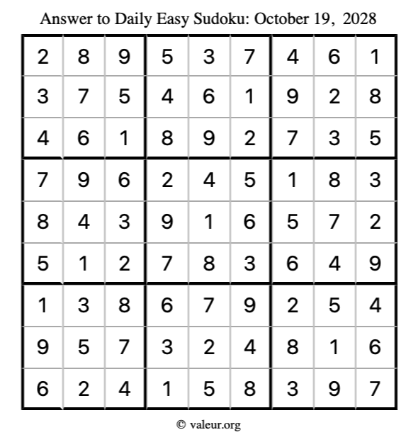 Answer to easy sudoku October 19, 2028