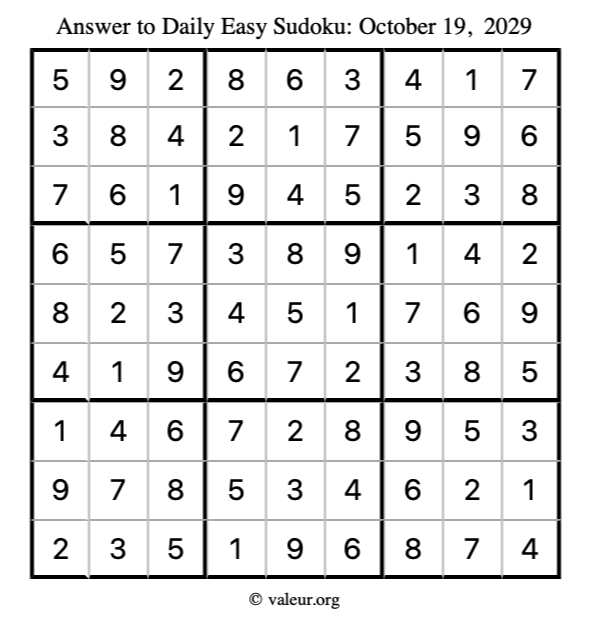 Answer to easy sudoku October 19, 2029