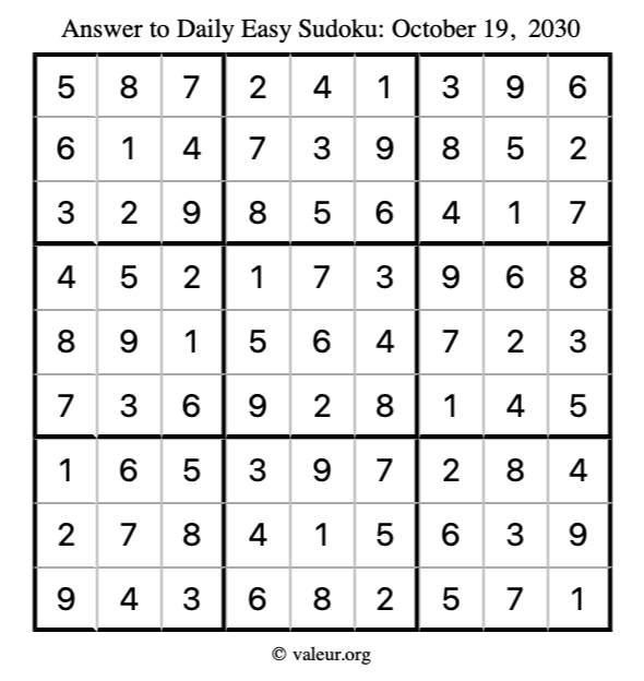 Answer to easy sudoku October 19, 2030