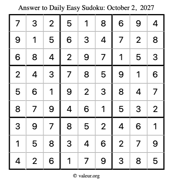 Answer to easy sudoku October 2, 2027