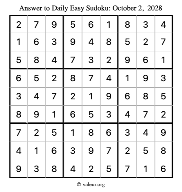 Answer to easy sudoku October 2, 2028
