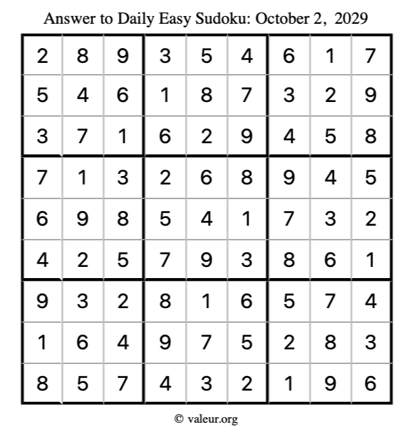 Answer to easy sudoku October 2, 2029