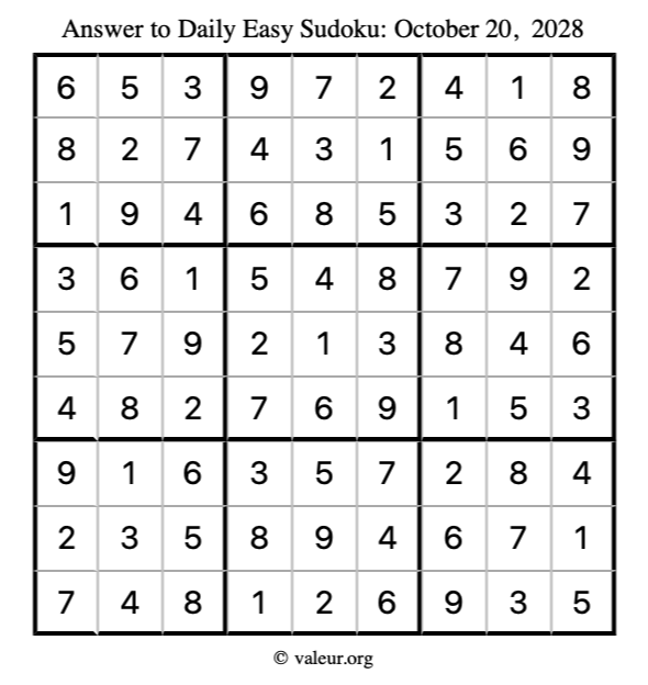Answer to easy sudoku October 20, 2028