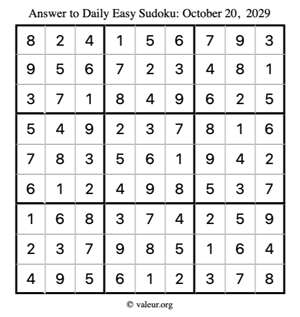 Answer to easy sudoku October 20, 2029