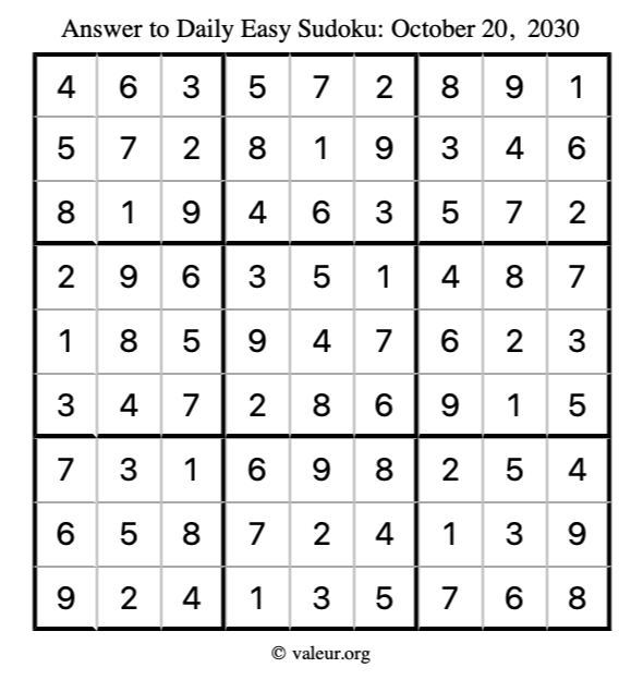 Answer to easy sudoku October 20, 2030