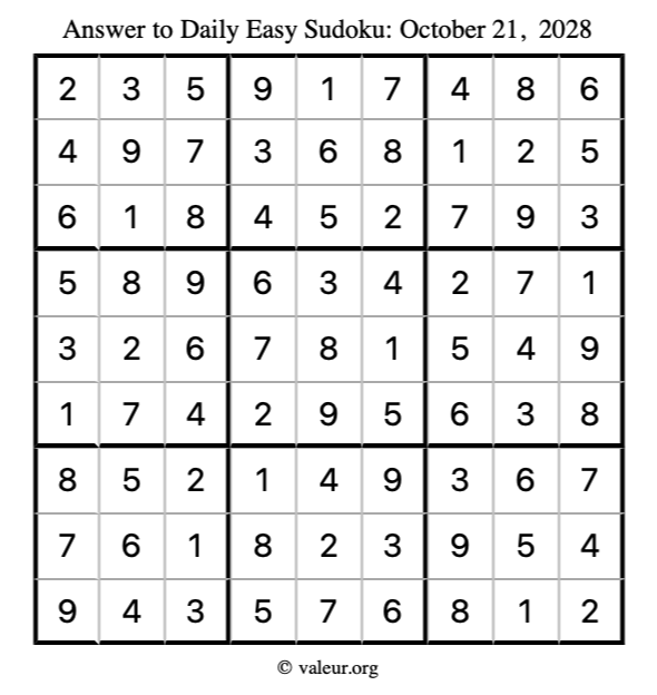 Answer to easy sudoku October 21, 2028
