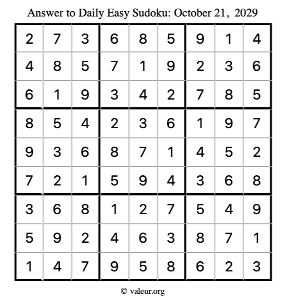 Answer to easy sudoku October 21, 2029