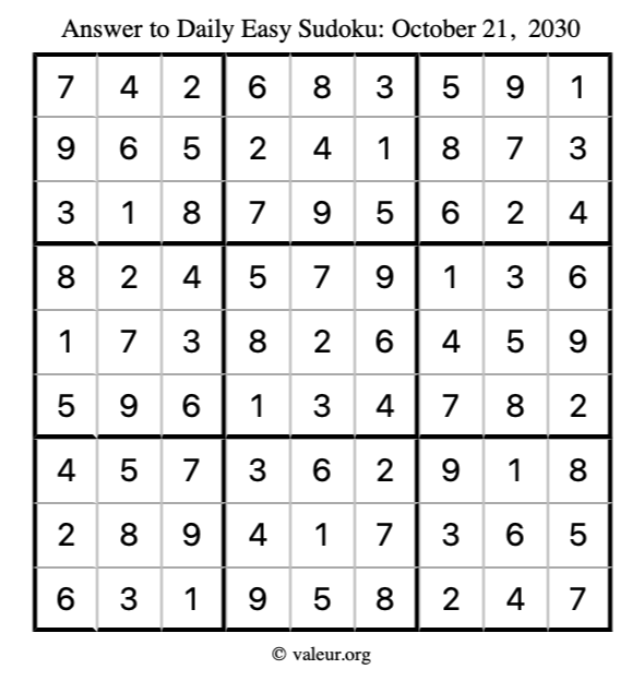 Answer to easy sudoku October 21, 2030