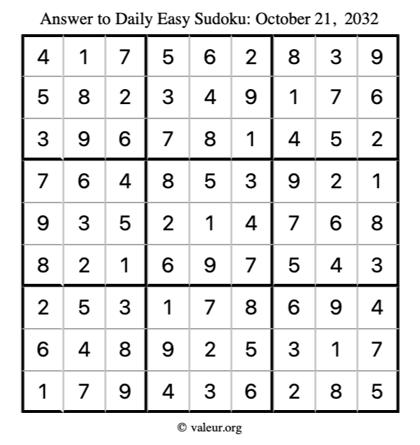 Answer to easy sudoku October 21, 2032