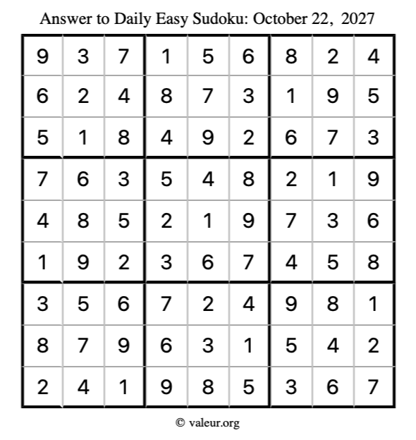 Answer to easy sudoku October 22, 2027