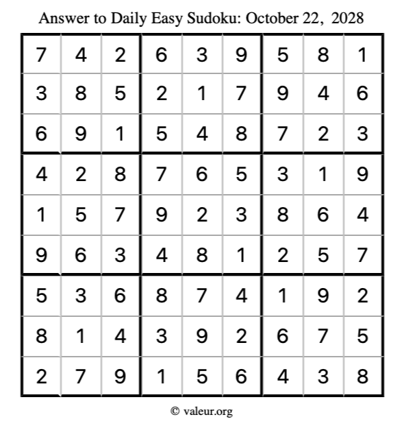 Answer to easy sudoku October 22, 2028