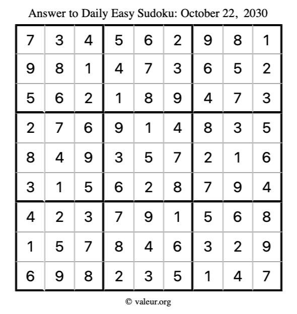 Answer to easy sudoku October 22, 2030