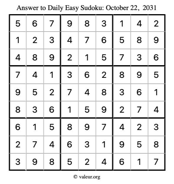 Answer to easy sudoku October 22, 2031