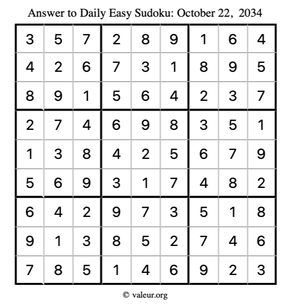 Answer to easy sudoku October 22, 2034