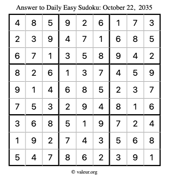 Answer to easy sudoku October 22, 2035