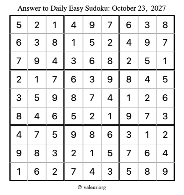 Answer to easy sudoku October 23, 2027