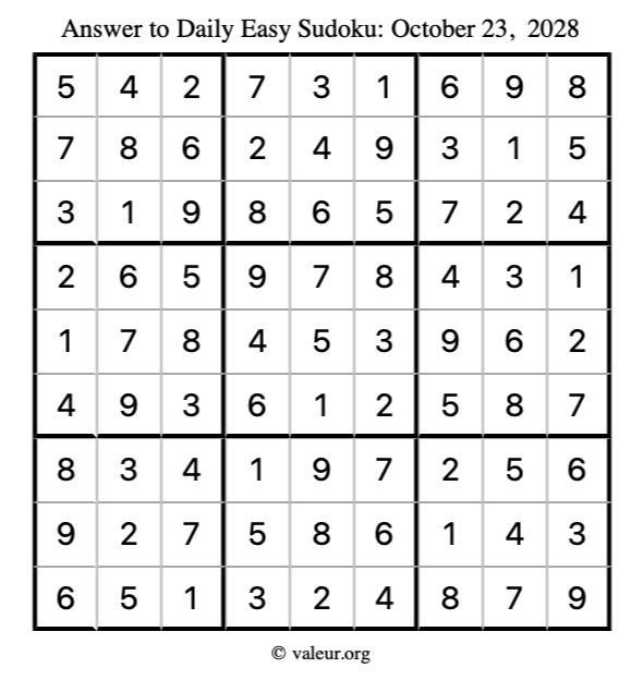 Answer to easy sudoku October 23, 2028