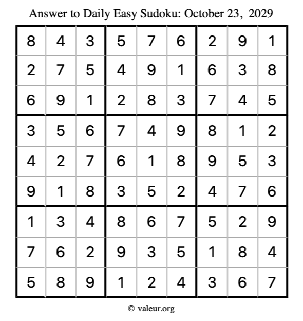 Answer to easy sudoku October 23, 2029