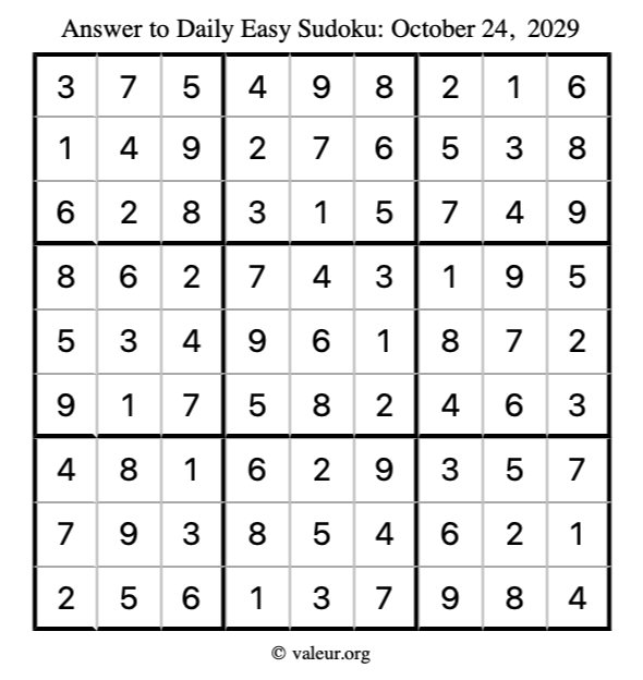 Answer to easy sudoku October 24, 2029