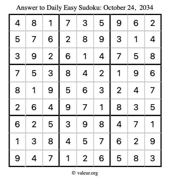 Answer to easy sudoku October 24, 2034