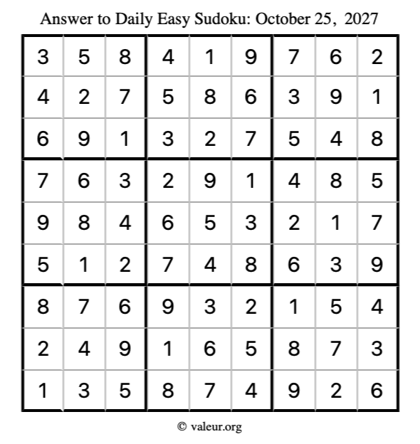 Answer to easy sudoku October 25, 2027