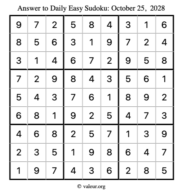 Answer to easy sudoku October 25, 2028