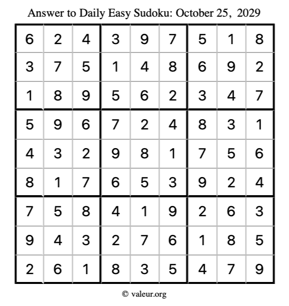 Answer to easy sudoku October 25, 2029