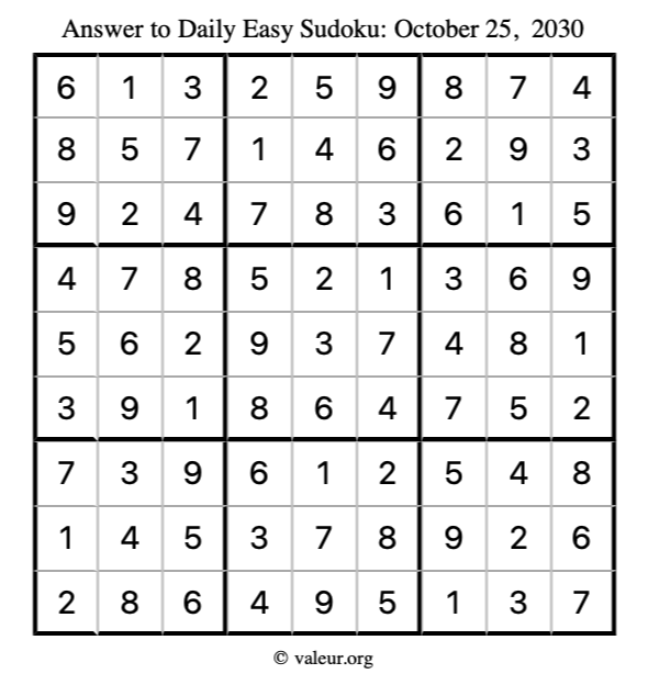 Answer to easy sudoku October 25, 2030