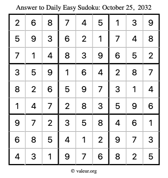 Answer to easy sudoku October 25, 2032