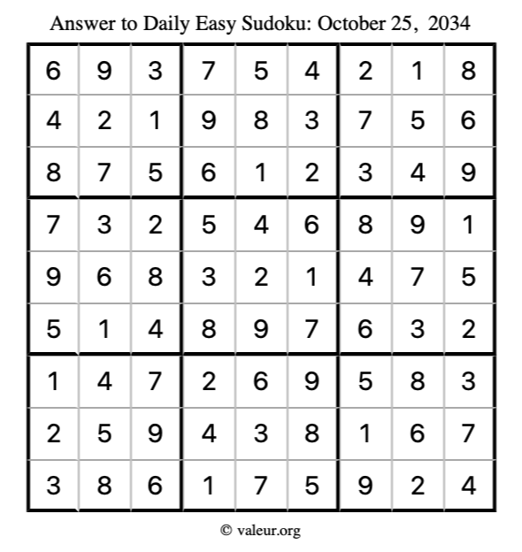 Answer to easy sudoku October 25, 2034
