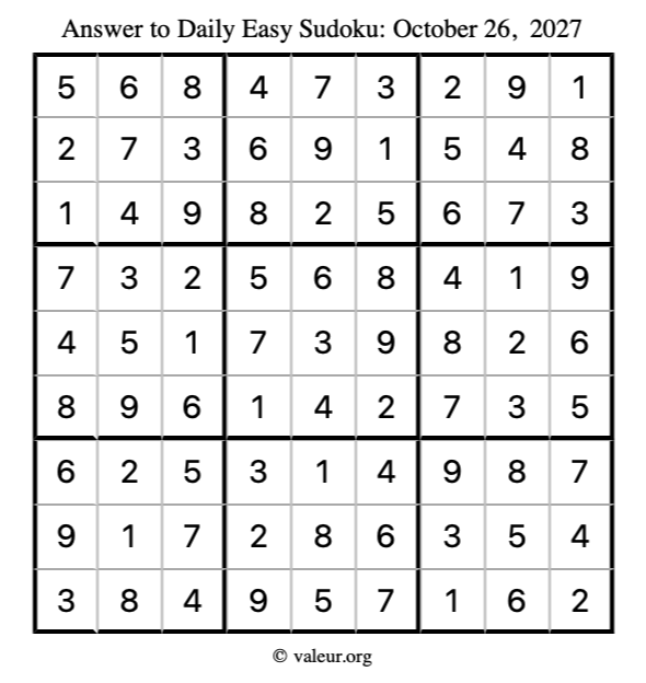 Answer to easy sudoku October 26, 2027