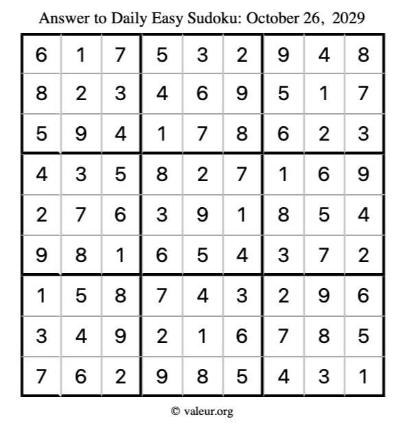 Answer to easy sudoku October 26, 2029