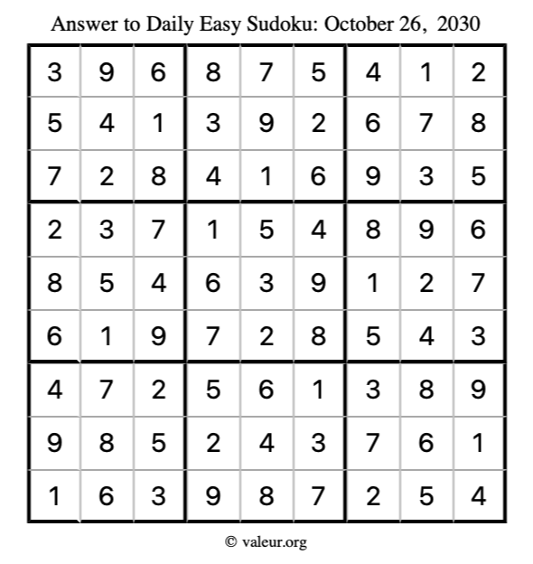 Answer to easy sudoku October 26, 2030