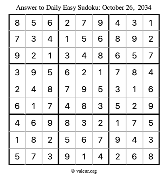 Answer to easy sudoku October 26, 2034
