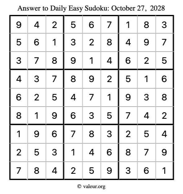 Answer to easy sudoku October 27, 2028