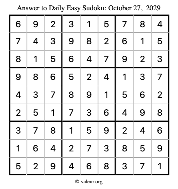 Answer to easy sudoku October 27, 2029