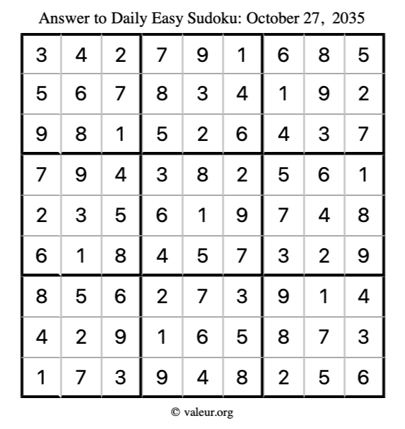 Answer to easy sudoku October 27, 2035